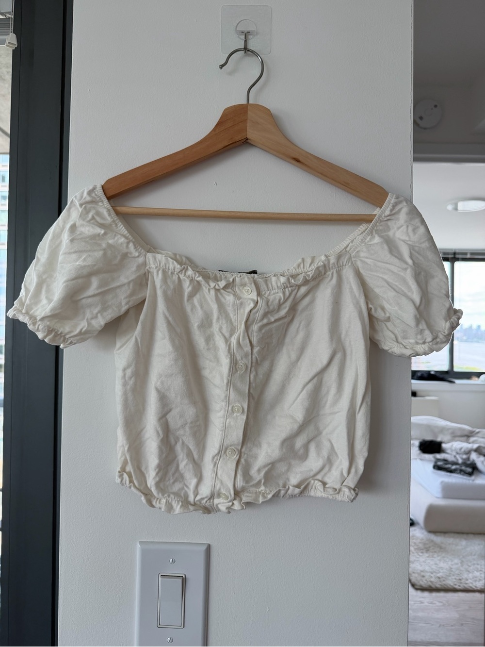 Urban Outfitters Cream Off-Shoulder Button Front Puff Sleeve Top